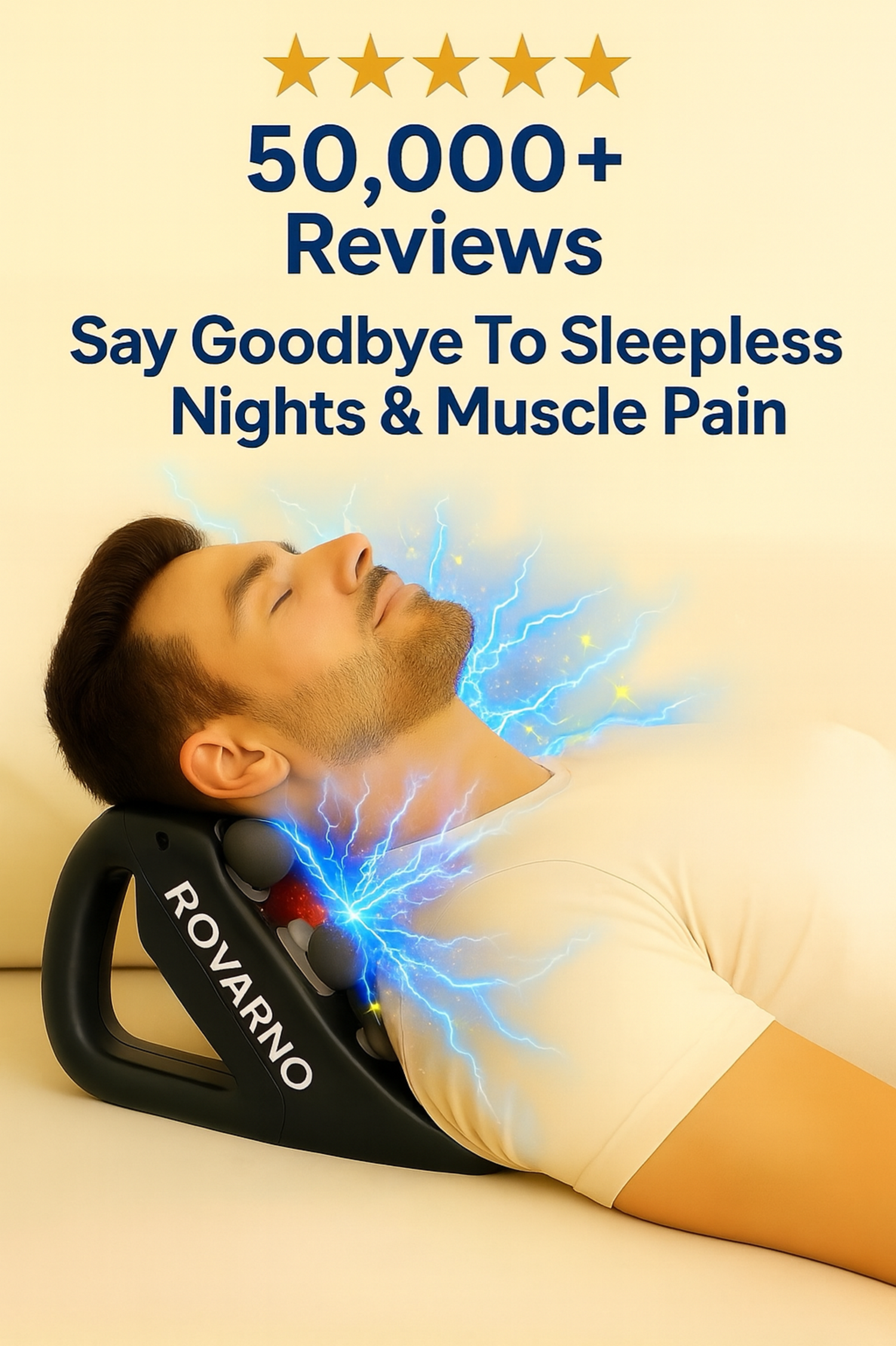 Person using a neck massager with text about reviews and benefits on a beige background