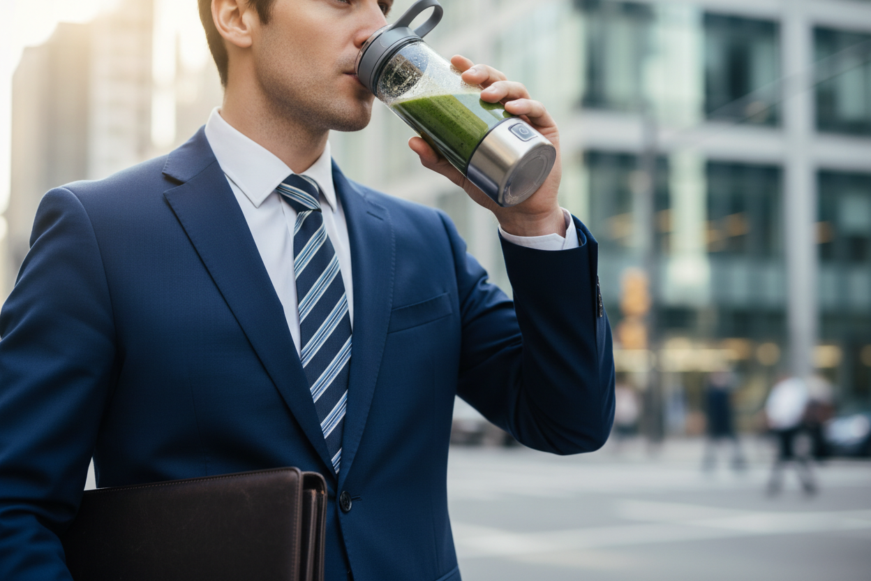 business man drinking out of a portable bottle blender