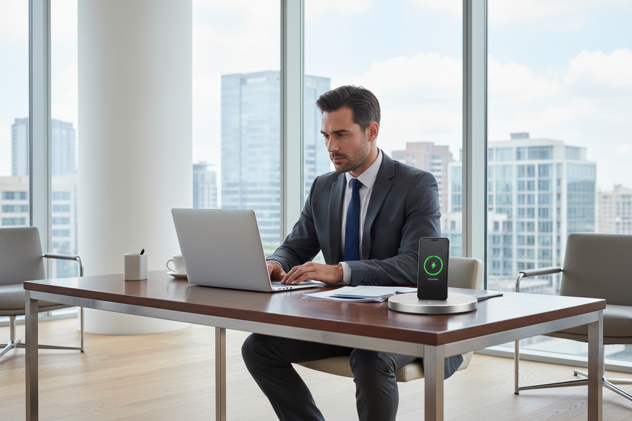 generate an image of a businessman using a wireless portable charger in his office
