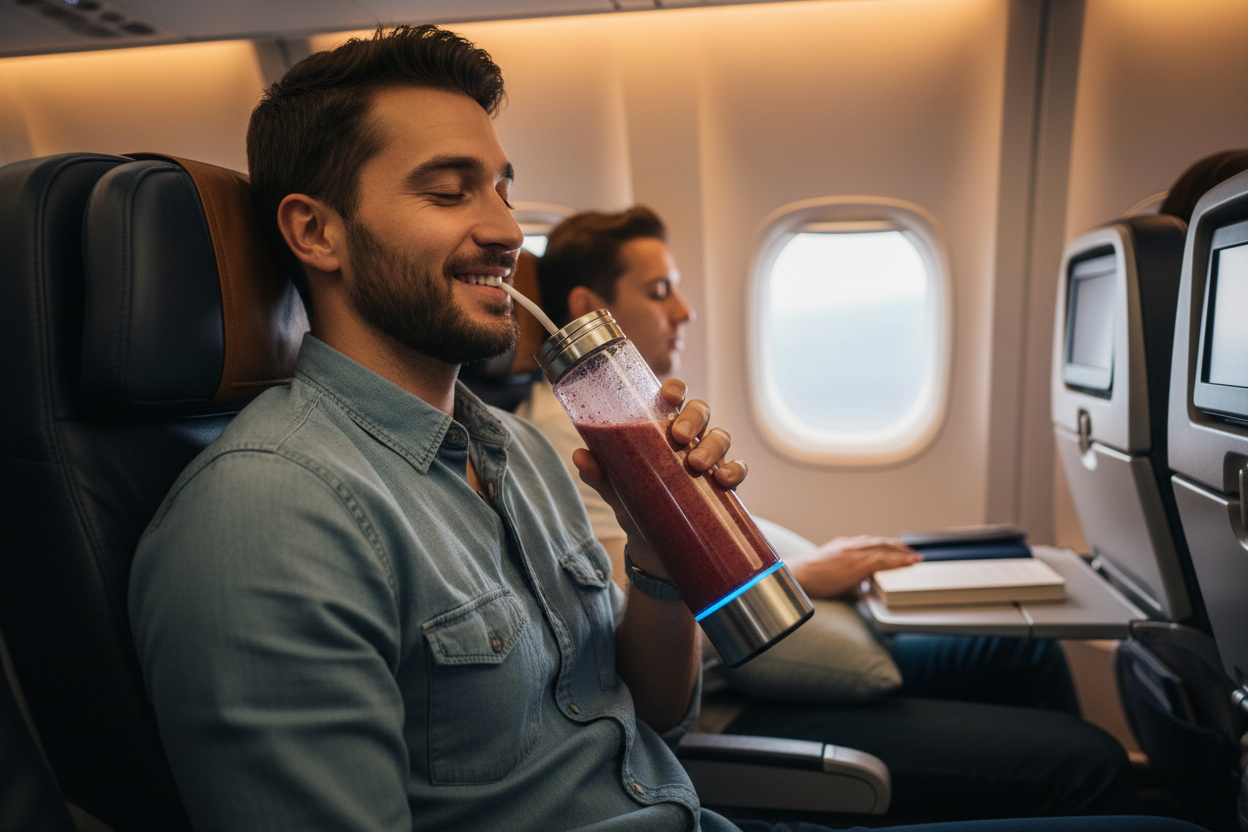 guy enjoying smoothie from his portable bottle blender on a plane
