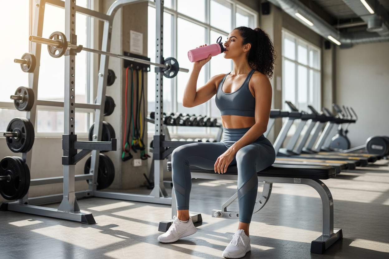 gym girl drinking out a pink bottle