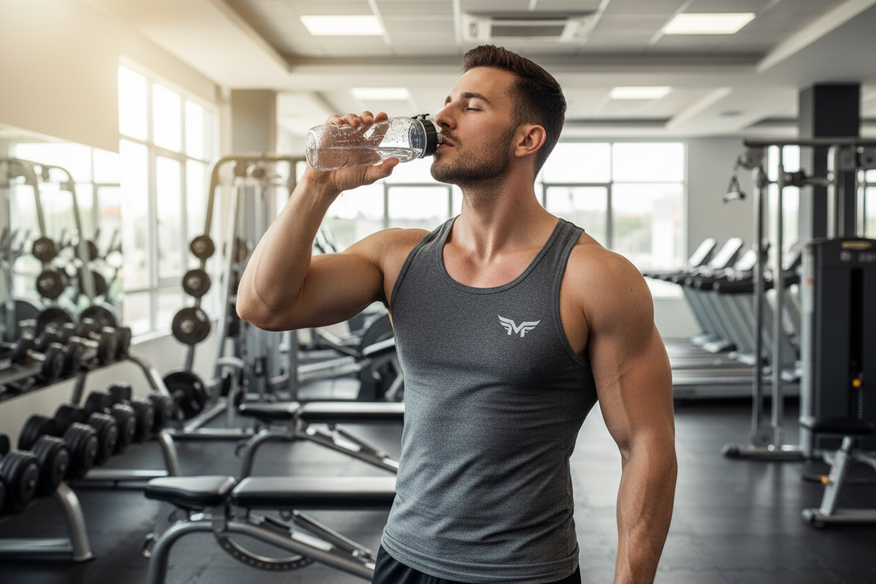 in a tank top him drinking out his water bottle