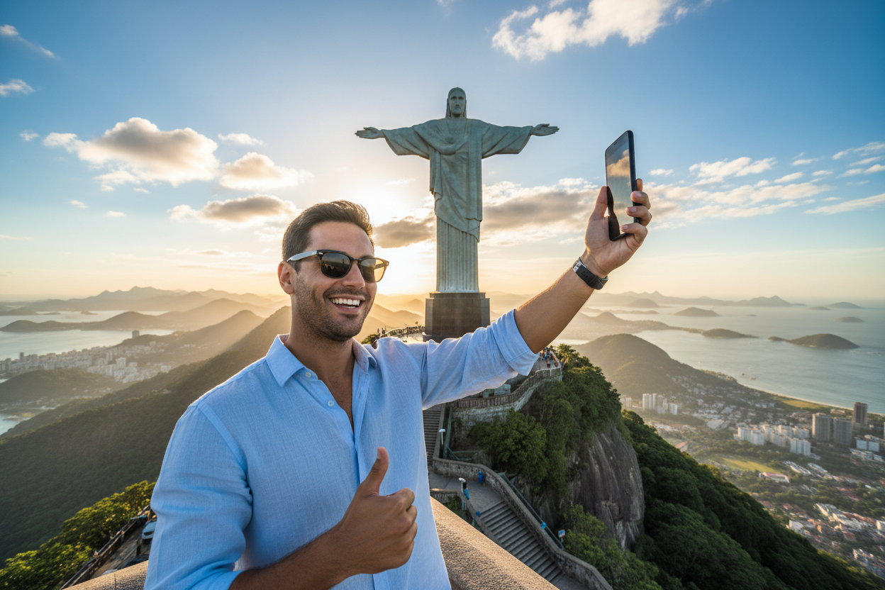 man taking a cool selfie infront of rio de janeiro statue