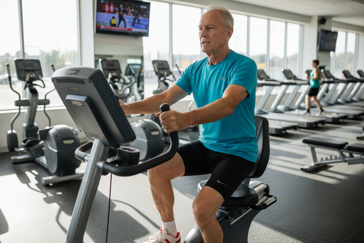 old man in the gym doing bike machine