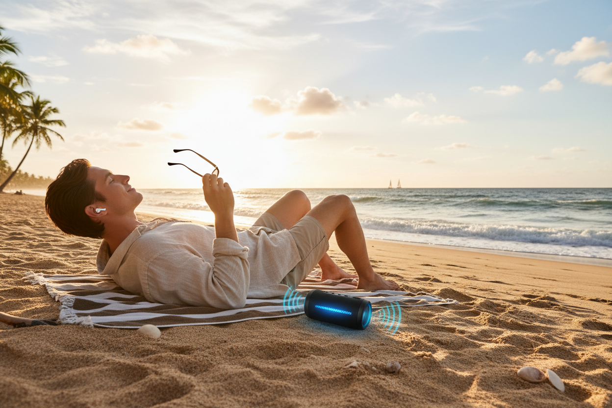 person enjoying a small speaker on the beach