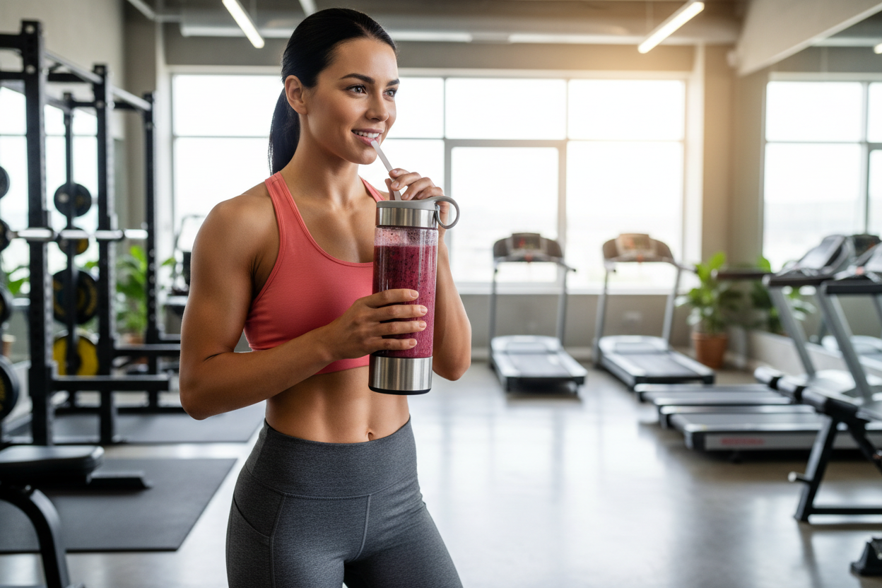 person enjoying a smoothie in the gym using his portable bottle blender