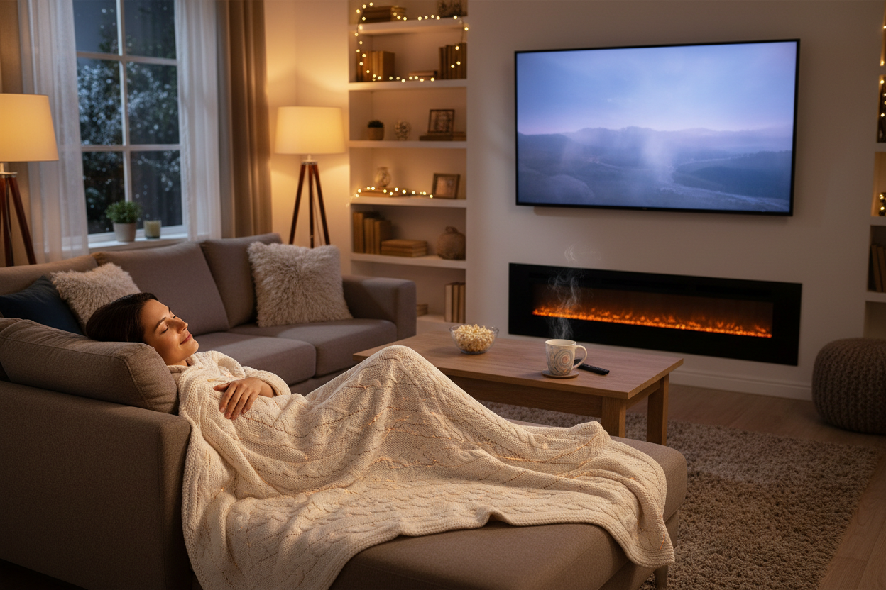 person using electronic heated blanket enjoying it watching tv