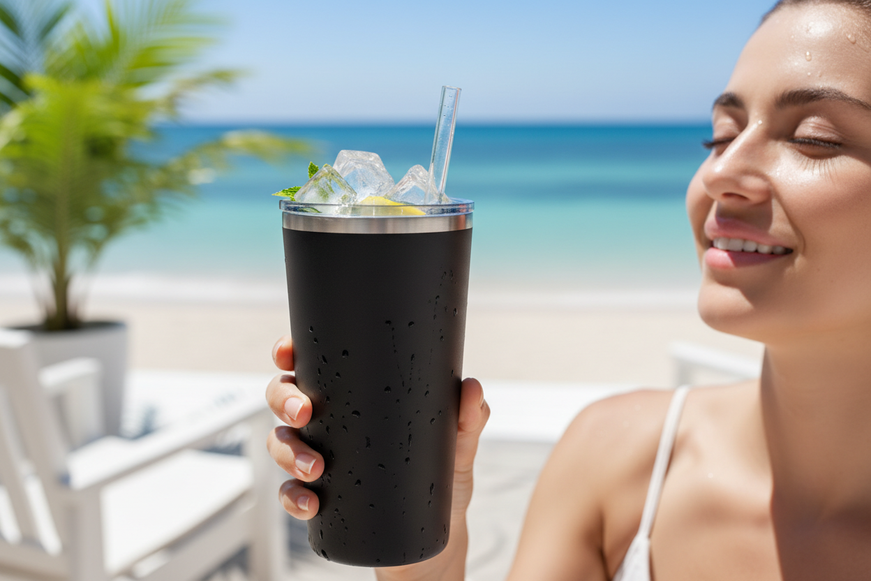 someone drinking a cold refreshing icy drink out of a thermal cup