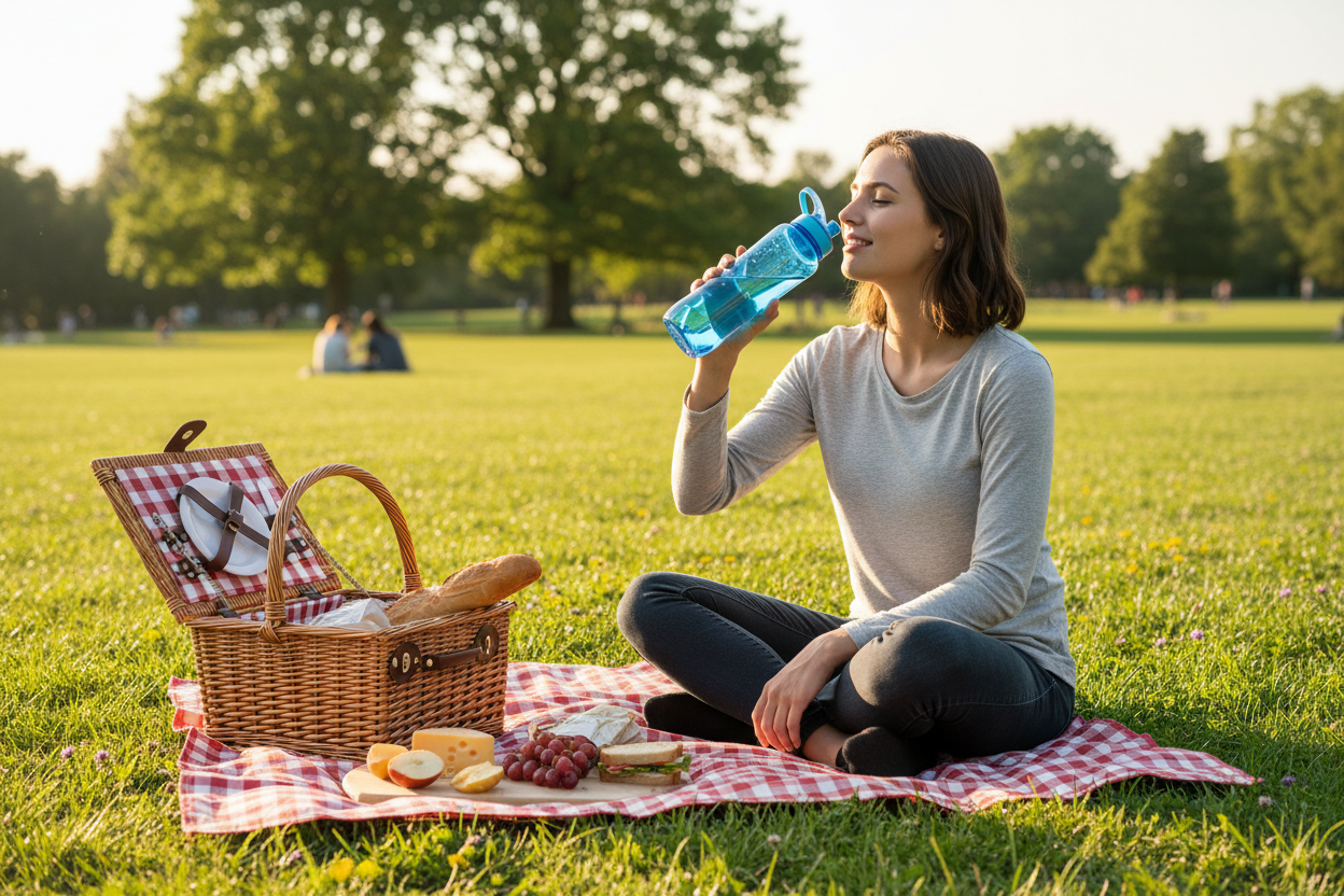 someone drinking out a blue plastic bottle on a picnic
